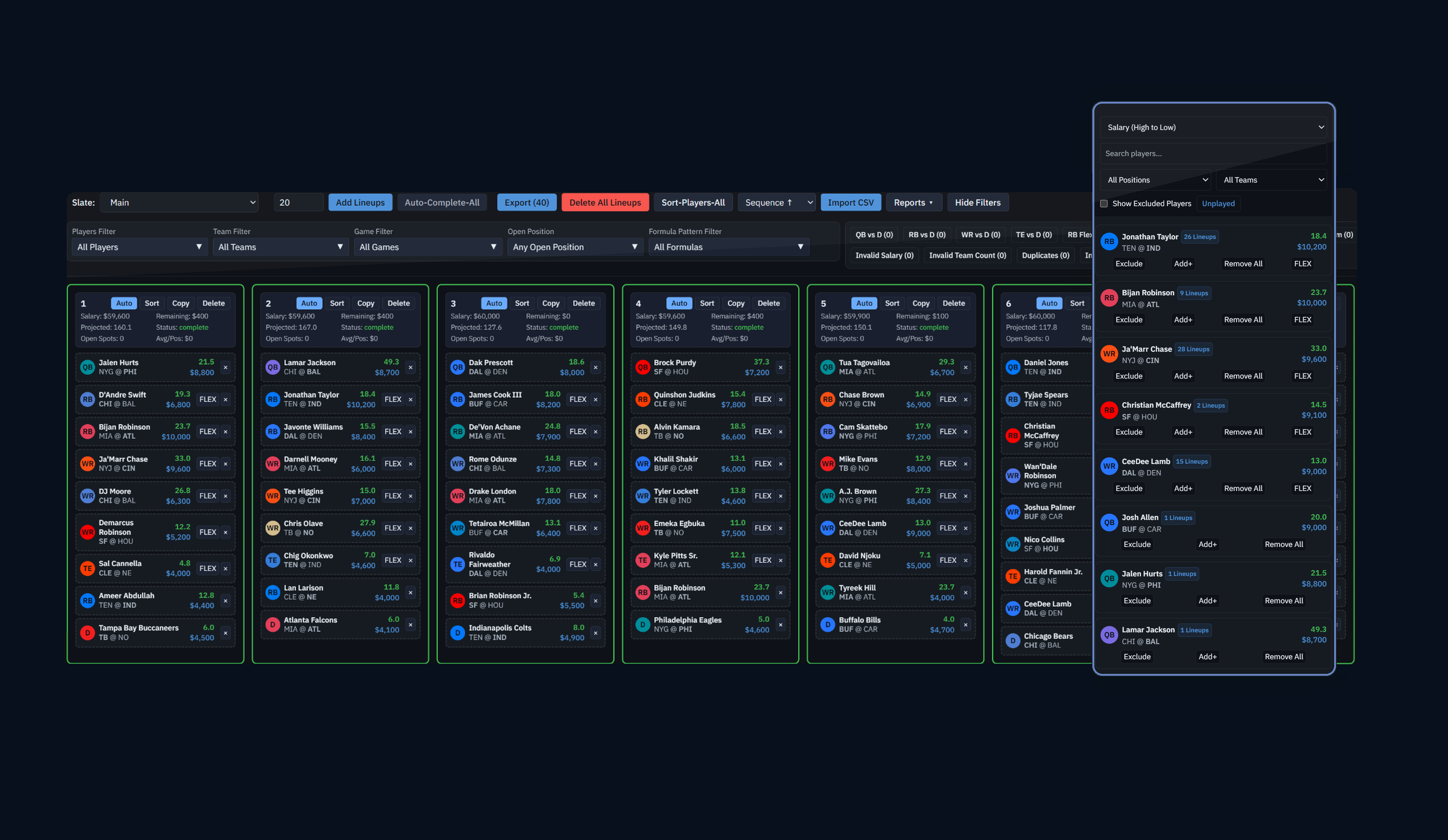 Fantasy Football Analysis Lineup Studio showing complete lineups